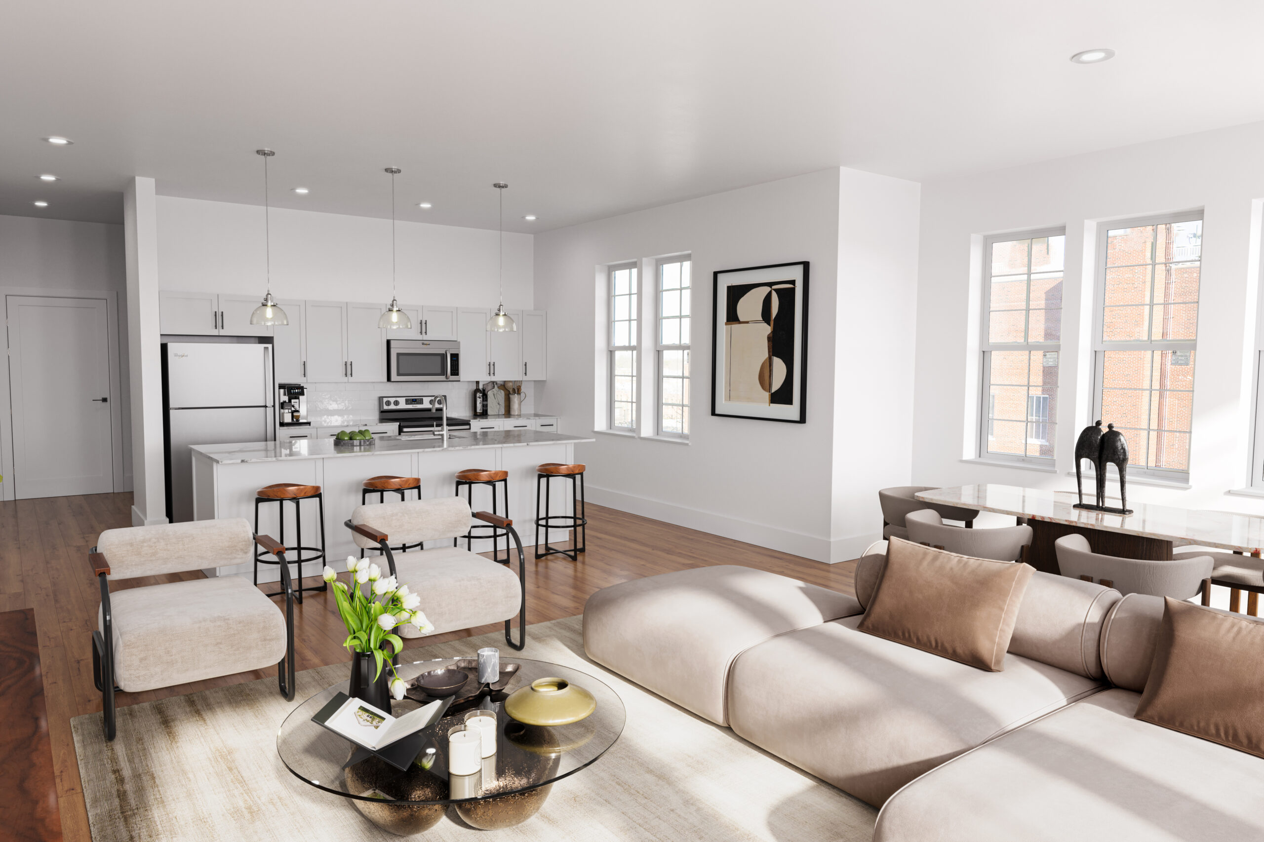 Model living room at Shoregate apartments in Bay Shore, featuring wood grain floor paneling and counter seating.